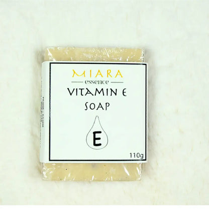 Natural Vitamin E Soap by Miara Essence wrapped in clear packaging with a minimalist design.