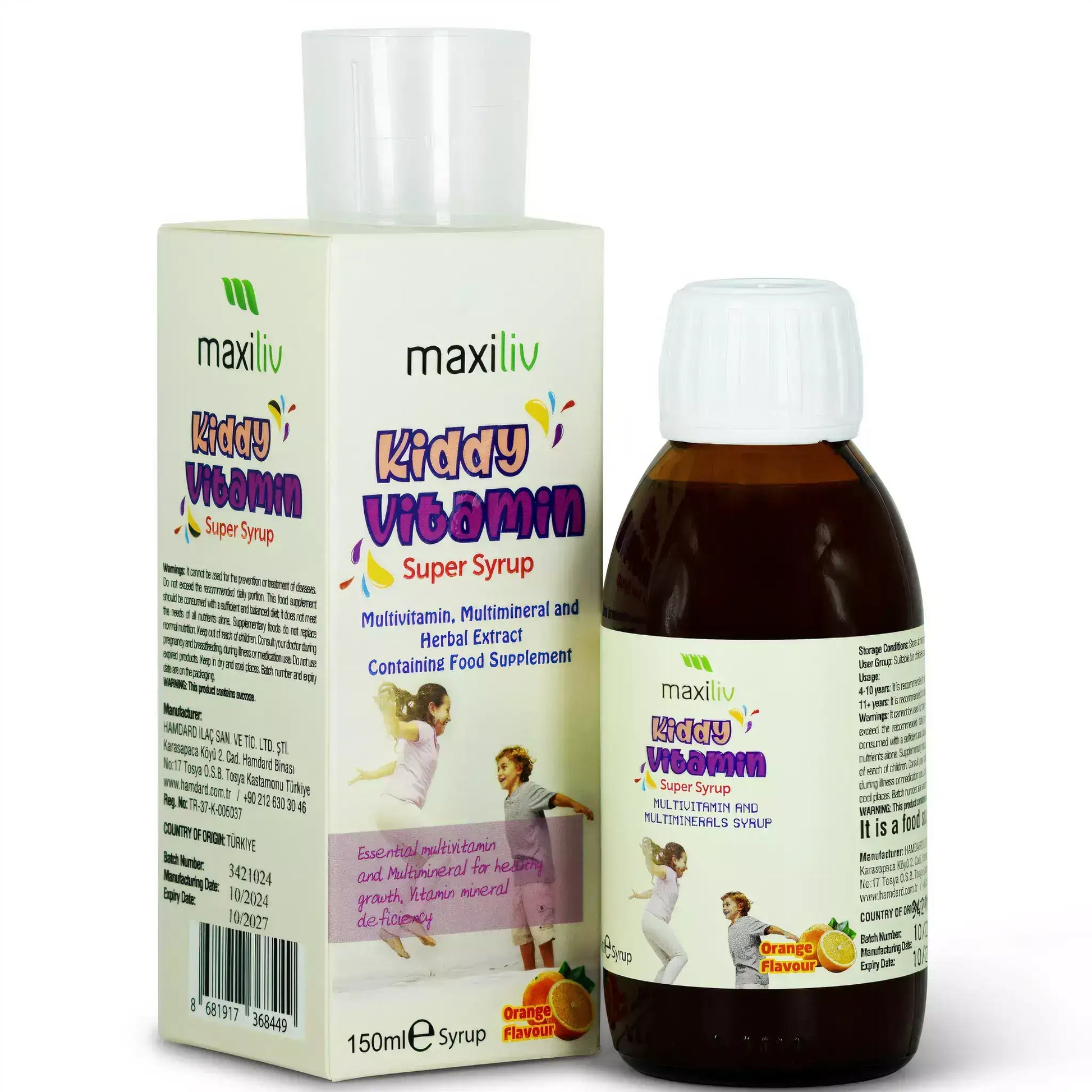 Maxiliv Kids Multivitamin Syrup and packaging for children's dietary supplement, orange flavor.