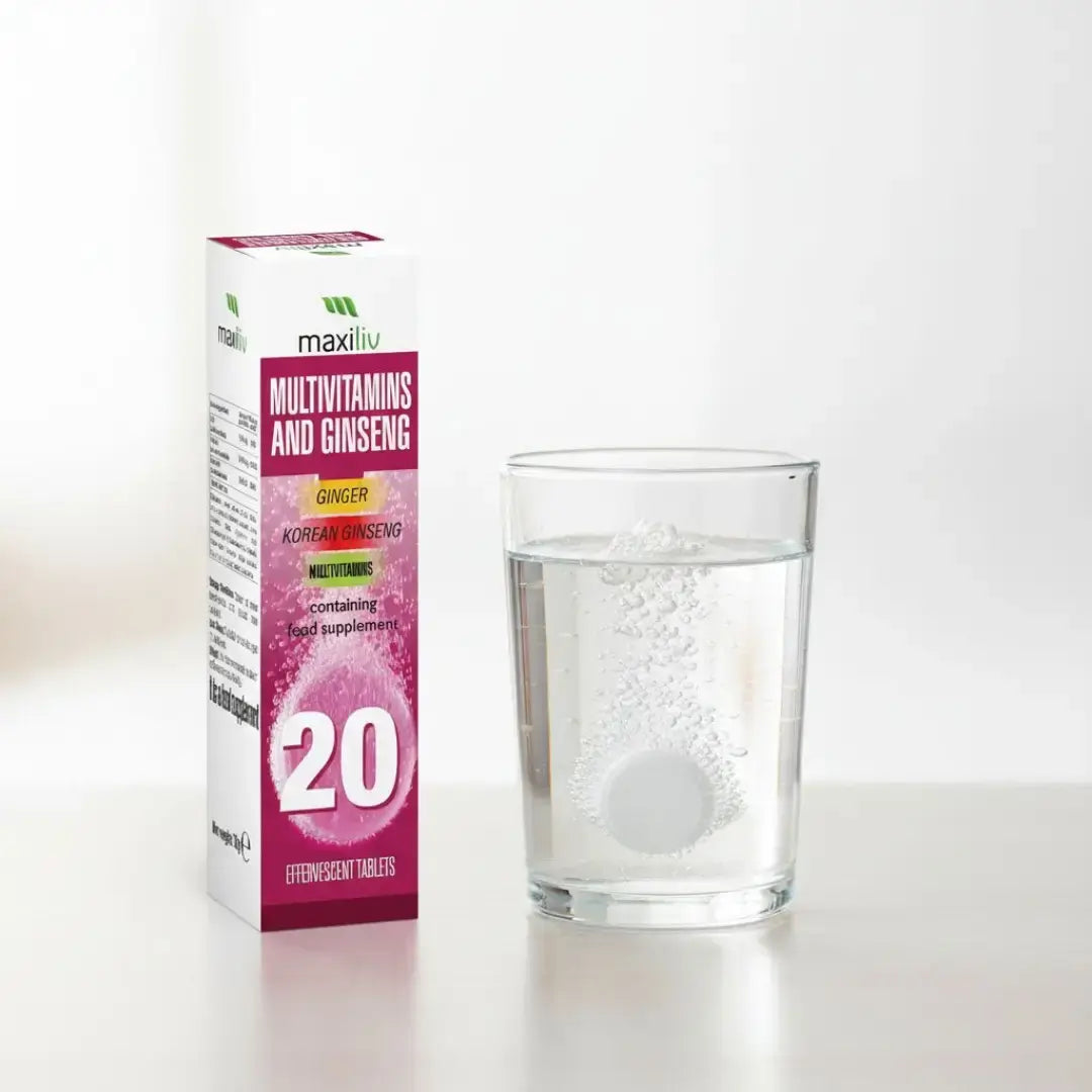 Maxiliv multivitamins and ginseng packaging with a glass of water and a tablet.