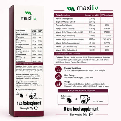 supplement Maxiliv Multivitamin and Ginseng Effervescent Tablet packaging with nutritional information on a white background