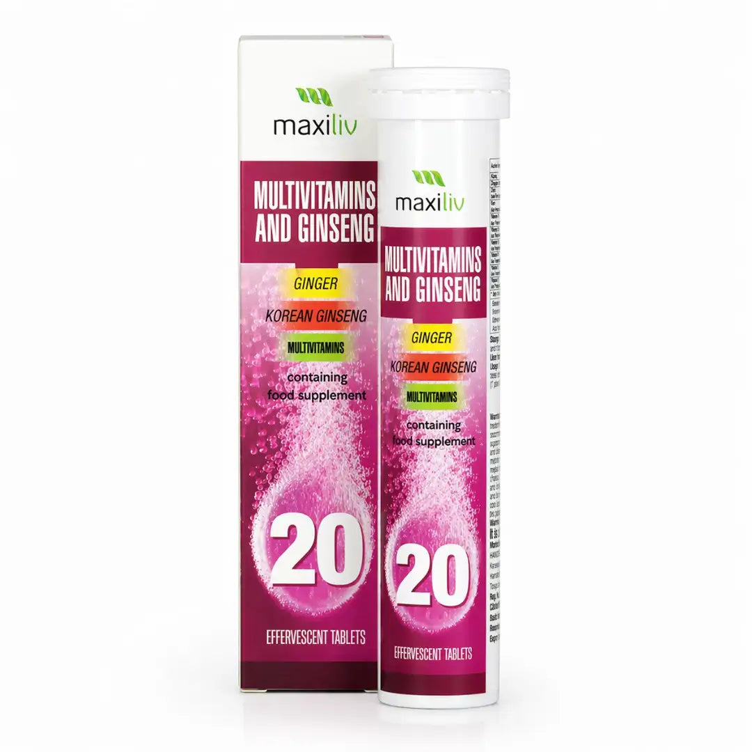 Maxiliv multivitamins and ginseng supplement packaging on a white background