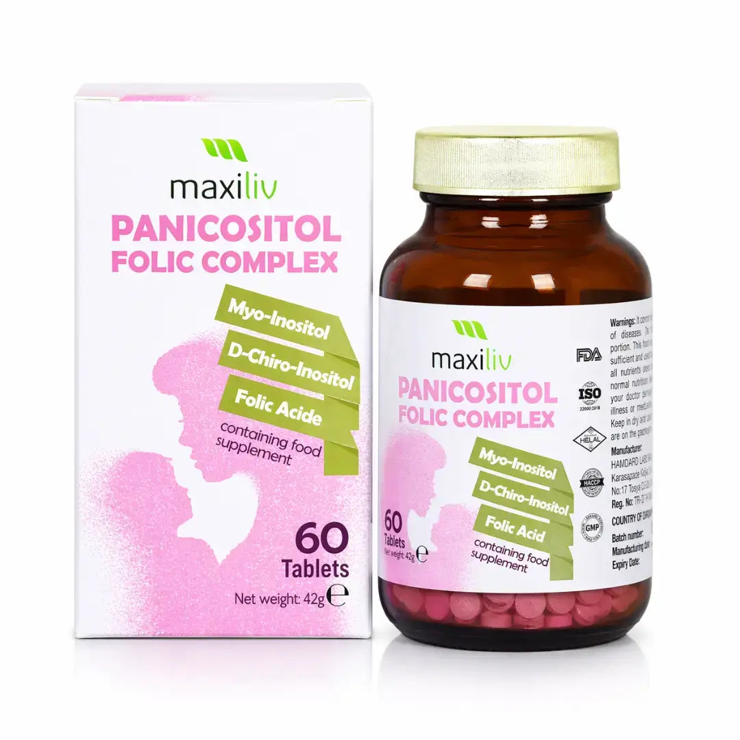 Maxiliv Panicositol Folic Complex supplement bottle and packaging on a white background