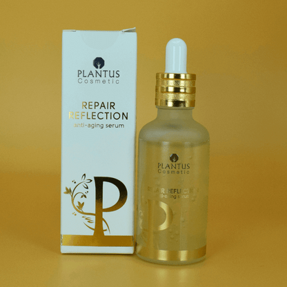 Plantus Cosmetic repair reflection anti-aging serum for fine lines bottle and packaging on a yellow background