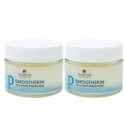 Two jars of Plantus Cosmetics Smoothskin oil control moisturizer on a white background