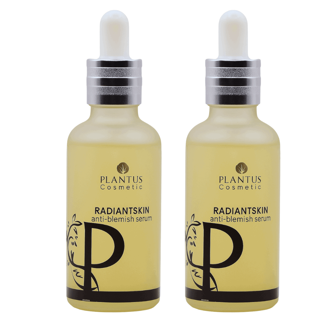 Two bottles of Plantus Radiant skin anti-blemish serum on a white background