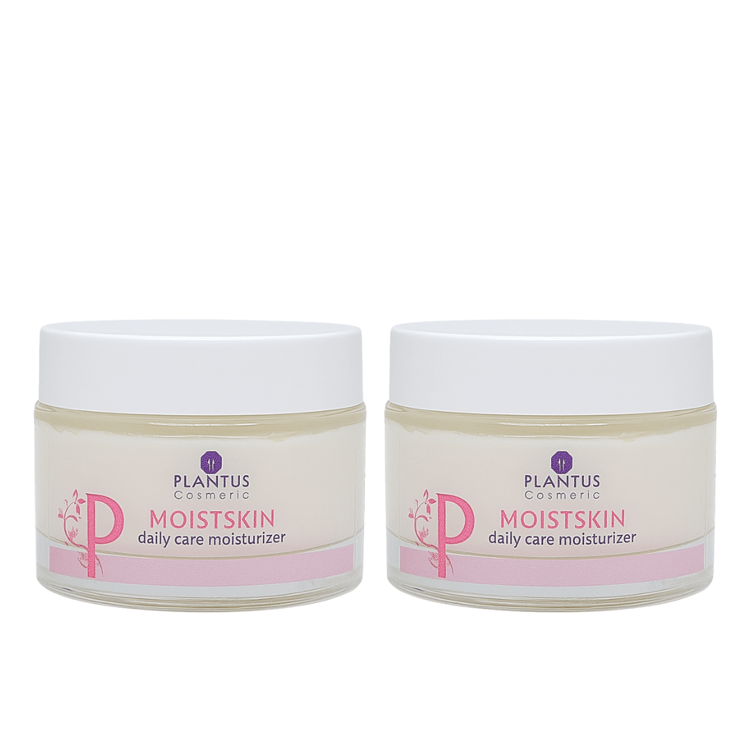 Two jars of Plantus Cosmetics Moistskin daily care moisturizer Walnut Oil Moisturizer for everyday use on a white background