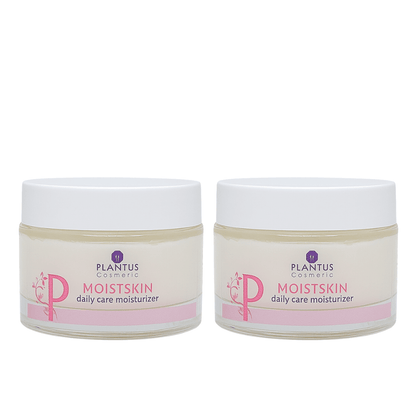 Two jars of Plantus Cosmetics Moistskin daily care moisturizer Walnut Oil Moisturizer for everyday use on a white background