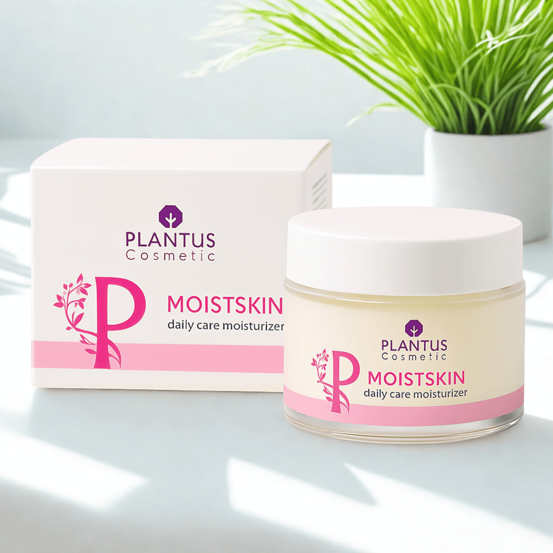 Plantus Cosmetic Moistskin daily care moisturizer for everyday face care  jar and box on a light background with a plant in the background.