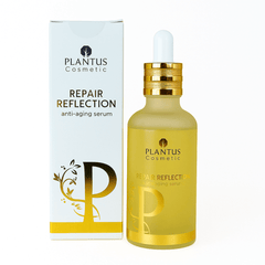 Plantus Repair Reflection Antiaging Serum in frosted glass bottle with gold dropper and packaging on a white background."