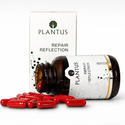 Plantus supplement bottle with red skincare capsules on a white background