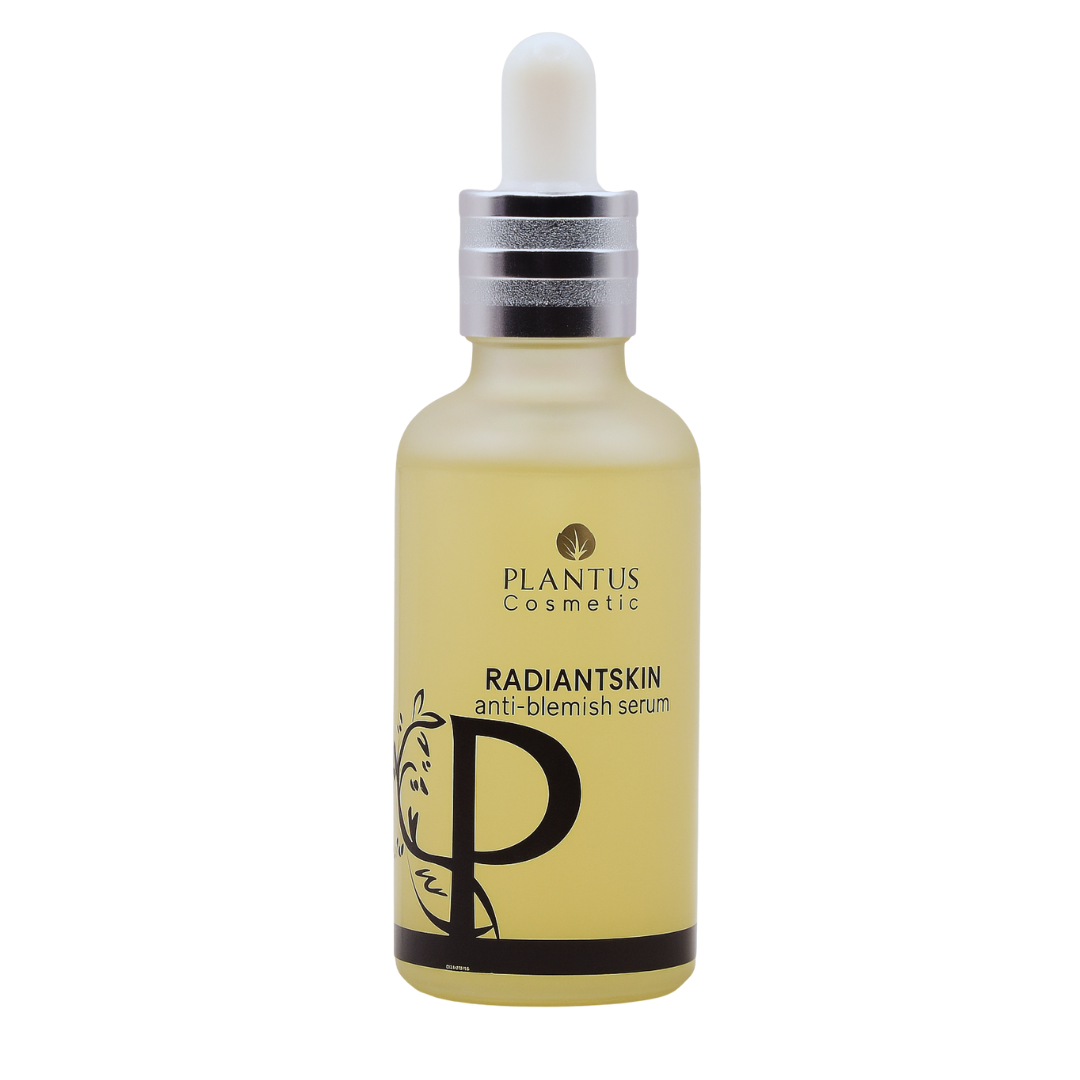 Skincare serum bottle with dropper labeled 'Plantus Cosmetic Radiant skin anti-blemish serum' on a white background