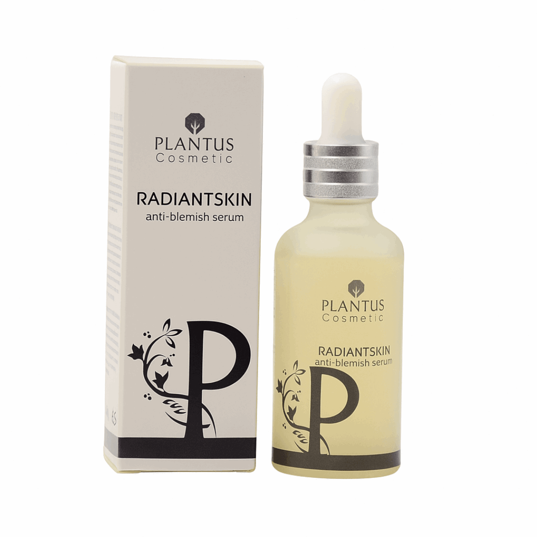 Radiant Skin Anti-Blemish Serum in a dropper bottle with a sleek design and box packaging.