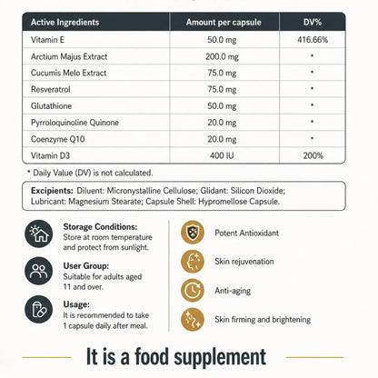 Supplement  skincare capsules label with active ingredients, amounts, and storage instructions.