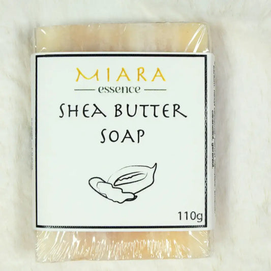 Miara Essence Shea butter soap bar wrapped in clear plastic with a white label on a light background