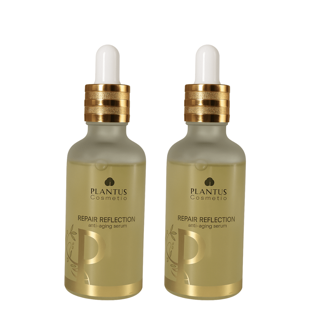 Plantus Cosmetic repair reflection anti aging serum two bottles with dropper on a light background