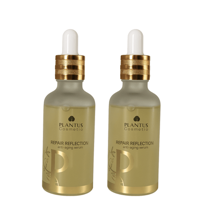 Plantus Cosmetic repair reflection anti aging serum two bottles with dropper on a light background