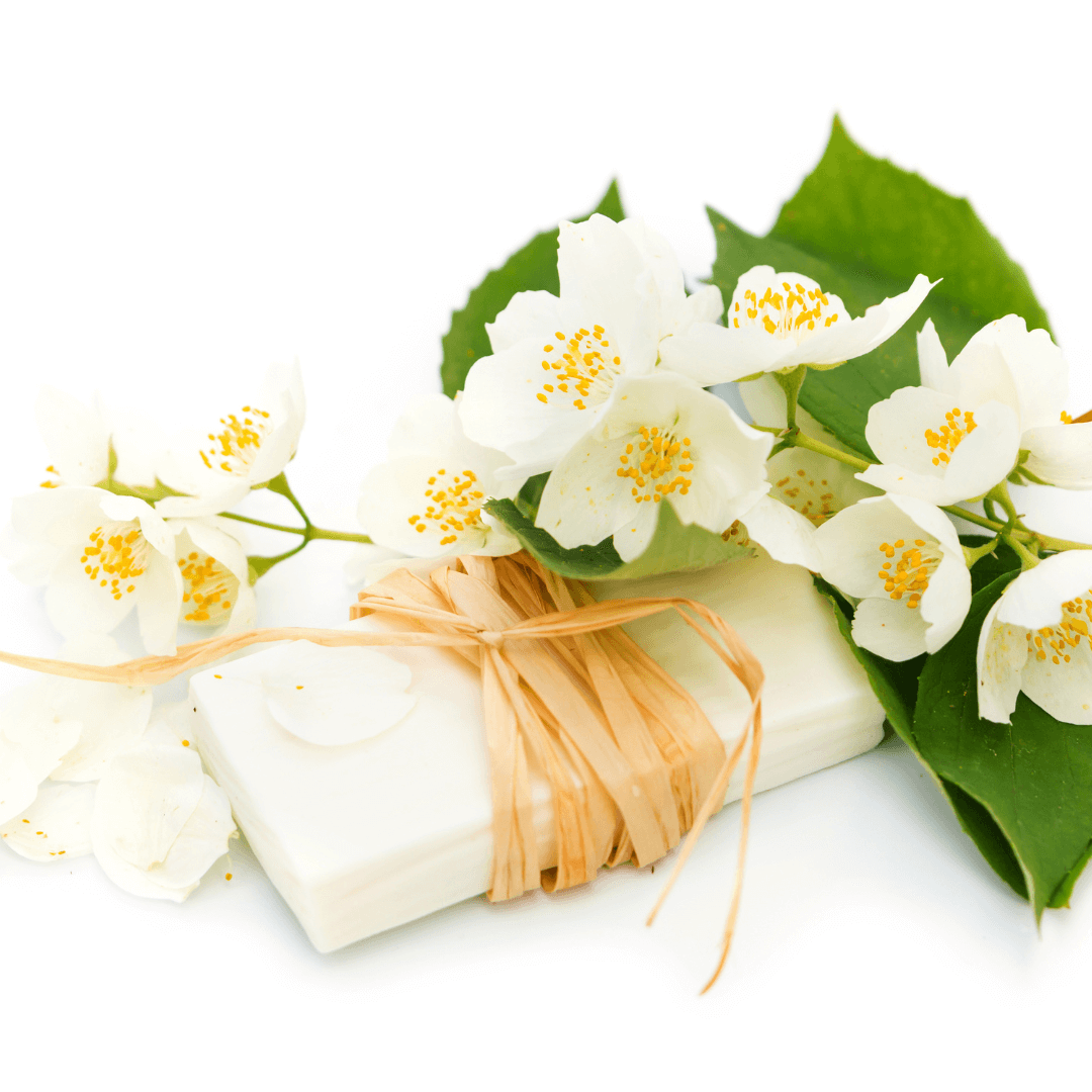 Close-up of hydrating natural jasmine soap bar for toning skin