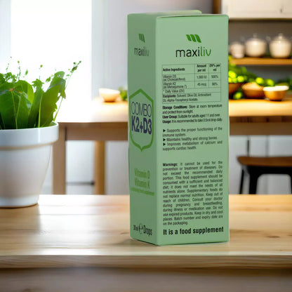 Maxiliv Combo Vitamin K2 D3 Drops packaging, dietary supplement for kids featuring essential nutrients.