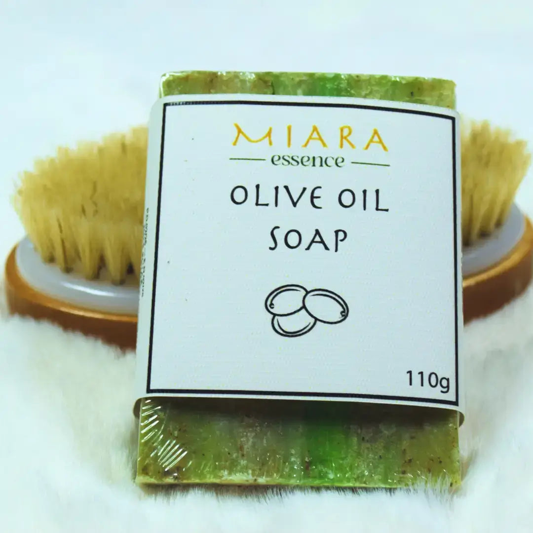 Olive oil soap with a Miara Essence label on a white background